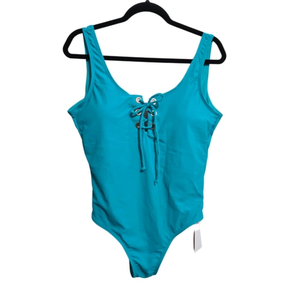 NWT Emme Jordan Teal Lace Up Front One Piece Swimsuit Extra Large - Picture 1 of 10